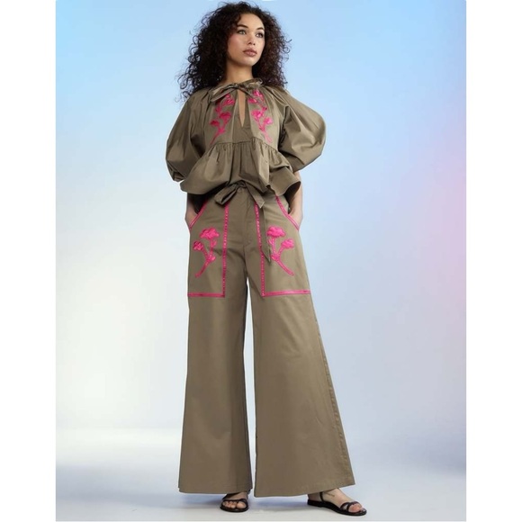 NWT Cynthia Rowley Annabelle Khaki Brown Relaxed Fit Flared Wide Leg Pants - Picture 6 of 14